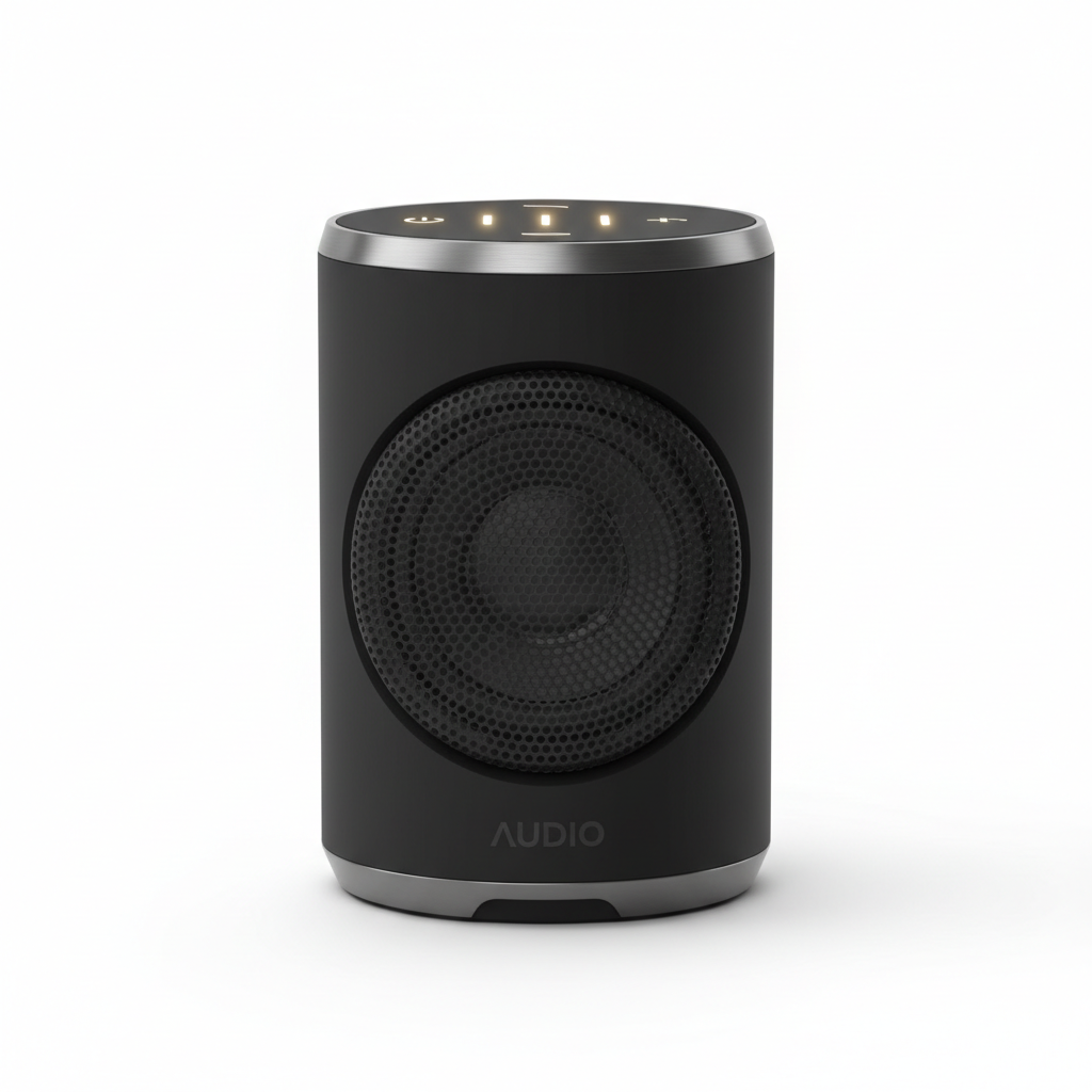Parlante Bluetooth cilíndrico negro con acentos metálicos